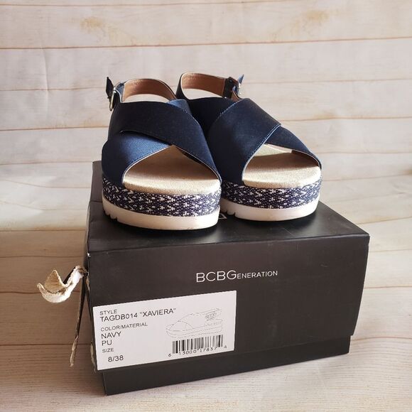 BCBGENERATION Xavier Satin Platform Cross Slingback Sandals Navy Size 8/38 - Picture 16 of 16